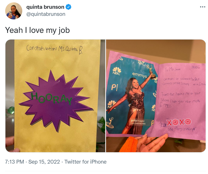 ‘Thanks for having me on your show’ Quinta Brunson shares card from